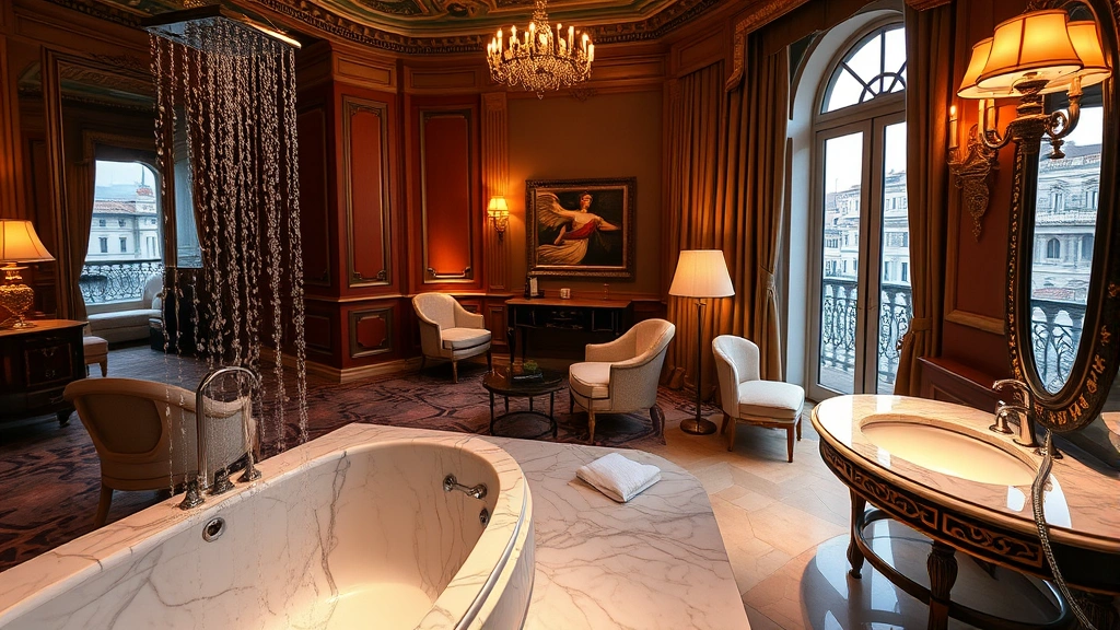 Luxurious hotel room with Italian Renaissance-inspired decor, marble bathroom with rainfall showerhead, warm ambient lighting, elegant furnishings, Roman cityscape visible through windows, photorealistic, no text or signage visible