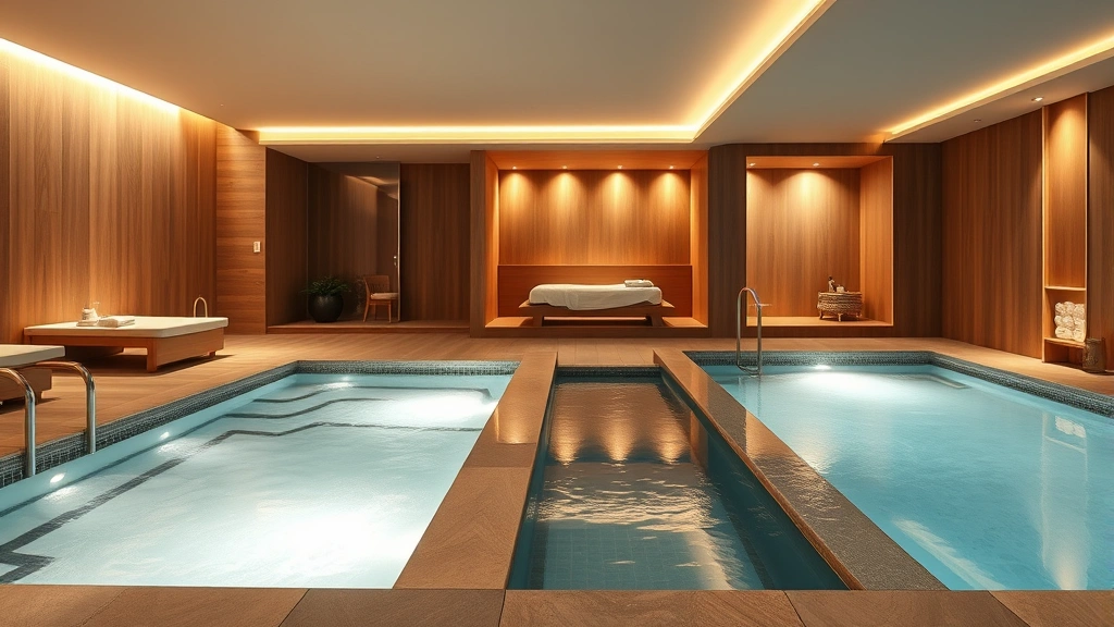 Modern spa and wellness facility with heated hydrotherapy pools, warm steam room, professional massage therapy area, wooden accents, soft ambient lighting, relaxation atmosphere, photorealistic, no visible text or room numbers