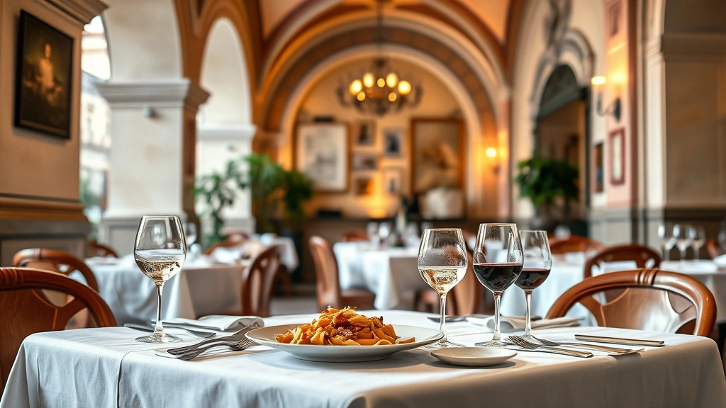 Mediterranean restaurant dining area with white tablecloths, warm lighting, Italian architectural details, fresh pasta and wine service visible, elegant place settings, authentic Roman ambiance, photorealistic, no visible menus or text
