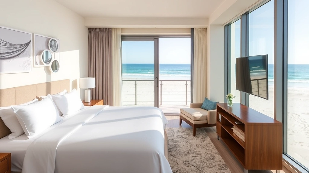 Modern luxury beachfront hotel room with king bed, ocean view balcony, contemporary furnishings, natural morning light streaming through floor-to-ceiling windows overlooking white sand beach and turquoise Gulf waters