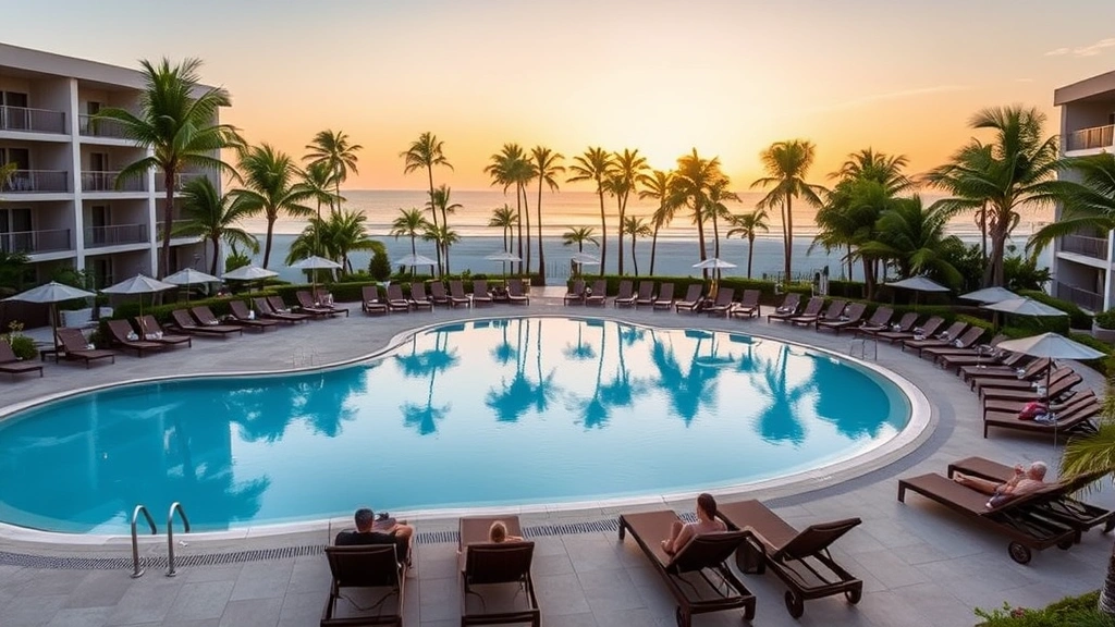 Upscale hotel pool area surrounded by lounge chairs and umbrellas with white sand beach and palm trees in background, guests relaxing in tropical setting during golden hour