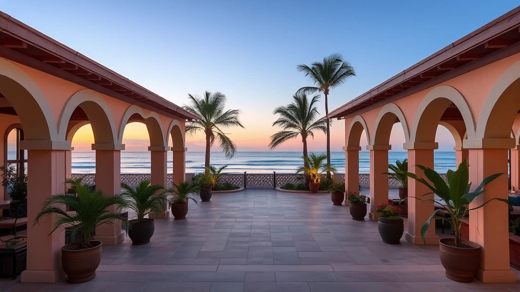 Elegant beachside resort courtyard with covered seating areas, potted tropical plants, architectural archways, and distant Gulf water view, peaceful relaxation space at dusk
