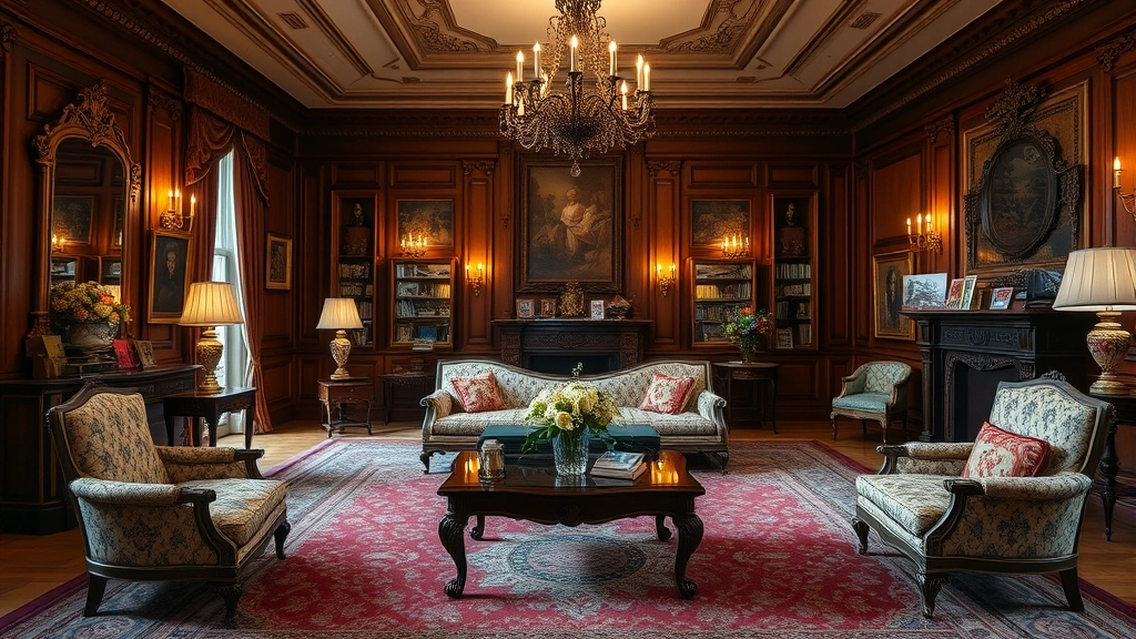 Elegant Victorian-style sitting room in a luxurious mansion with ornate furniture, warm lighting, and sophisticated decor, empty of people