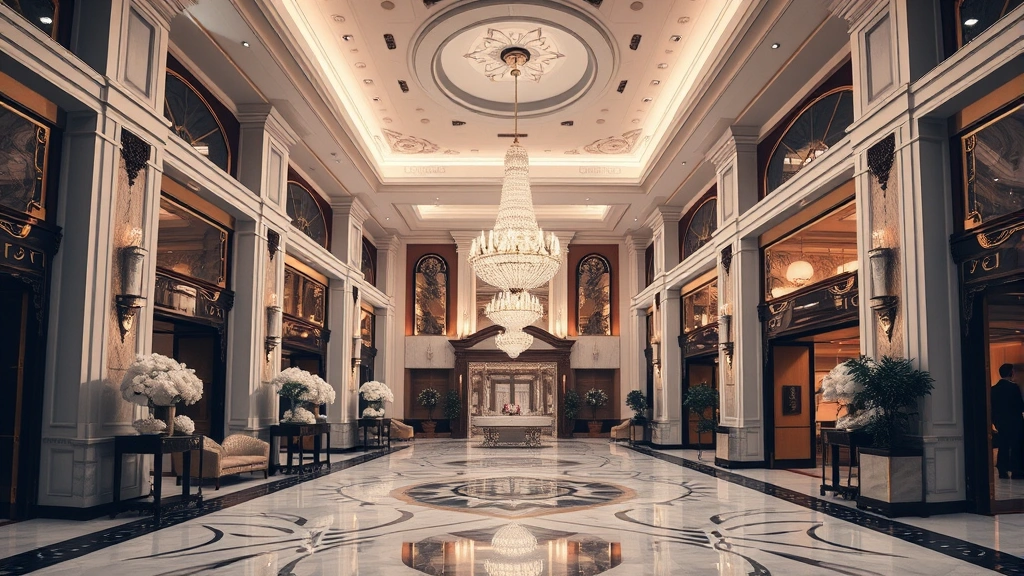 High-end hotel lobby or grand ballroom interior with art deco elements, crystal chandeliers, polished marble floors, and refined architectural details
