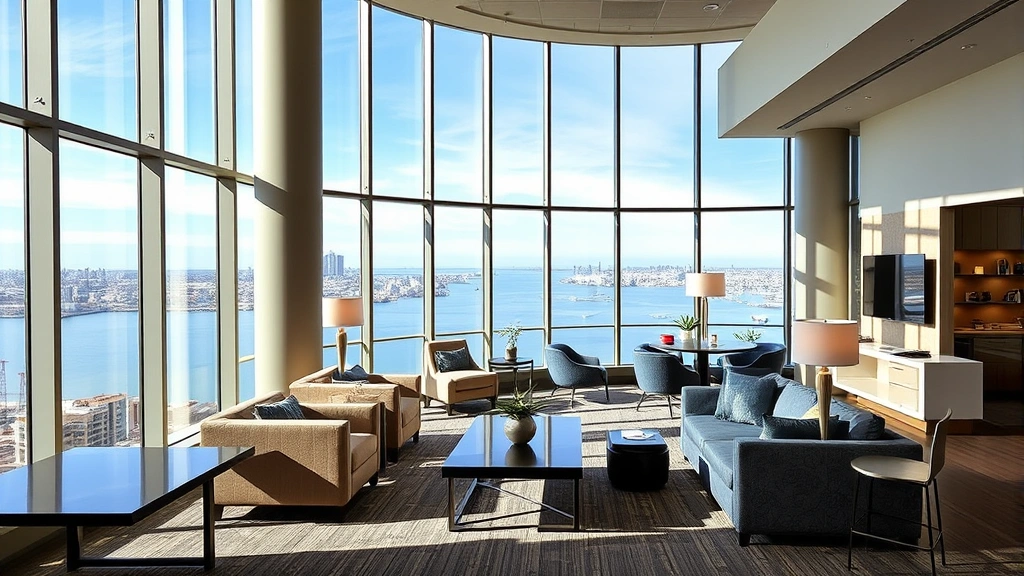 Modern hotel lobby with comfortable seating, floor-to-ceiling windows overlooking San Diego bay, contemporary furniture, natural lighting, upscale ambiance, no people visible