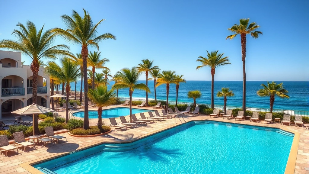Resort-style outdoor pool area surrounded by lounge chairs, palm trees, clear blue water, bright sunny day, ocean view in background, photorealistic California hotel setting