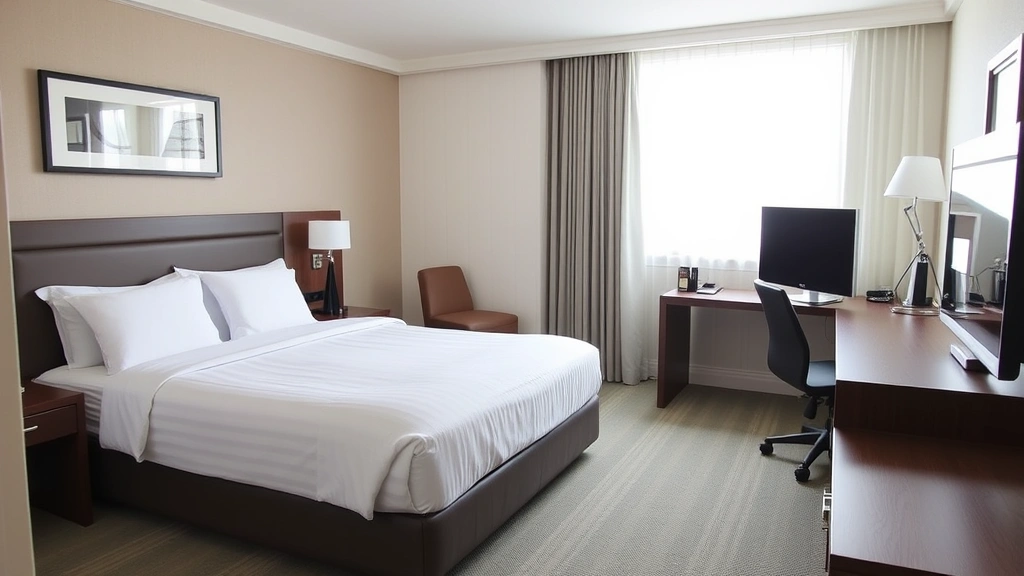 Clean hotel room interior with comfortable bed, work desk, modern amenities, neutral tones, window with natural light, welcoming and organized space, no identifying details visible