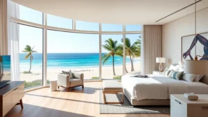 Modern luxury hotel suite with panoramic bay window overlooking a crescent beach lined with palm trees and blue Atlantic waters, contemporary minimalist furnishings, natural daylight streaming across light wood floors