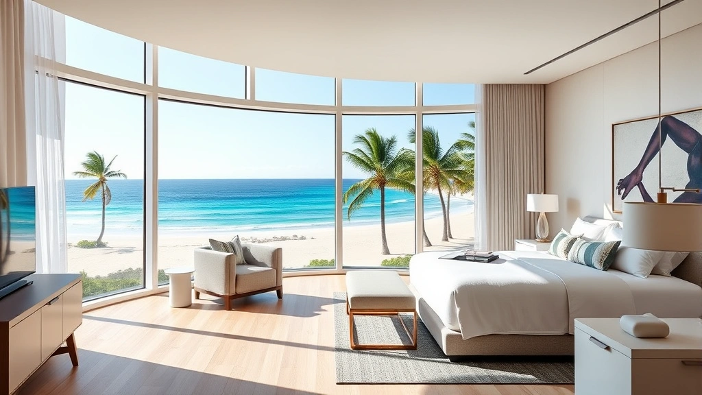 Modern luxury hotel suite with panoramic bay window overlooking a crescent beach lined with palm trees and blue Atlantic waters, contemporary minimalist furnishings, natural daylight streaming across light wood floors