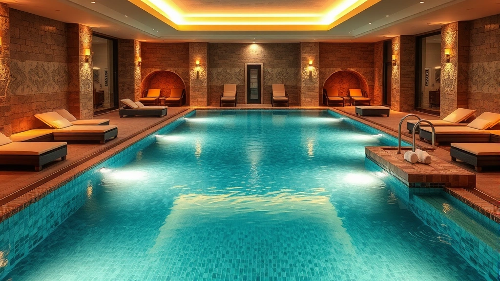 Elegant hotel spa and wellness center with indoor thalassotherapy pool surrounded by natural stone, warm lighting, heated lounging areas, no people visible, serene and peaceful atmosphere