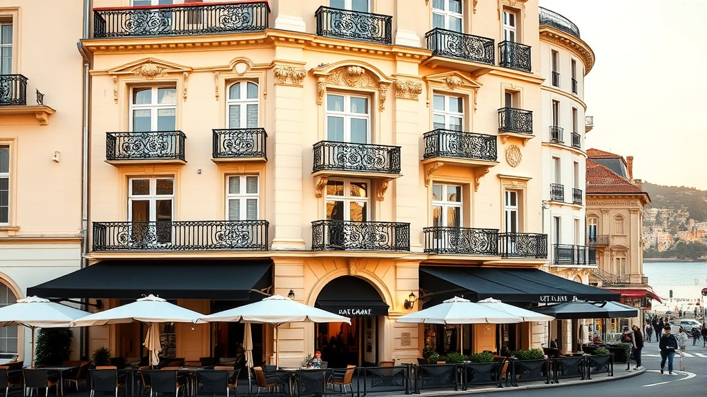Historic European hotel facade with Belle Époque architecture, cream and gold exterior details, wrought iron balconies, ground floor restaurant terrace with white umbrellas, coastal town setting, golden hour lighting