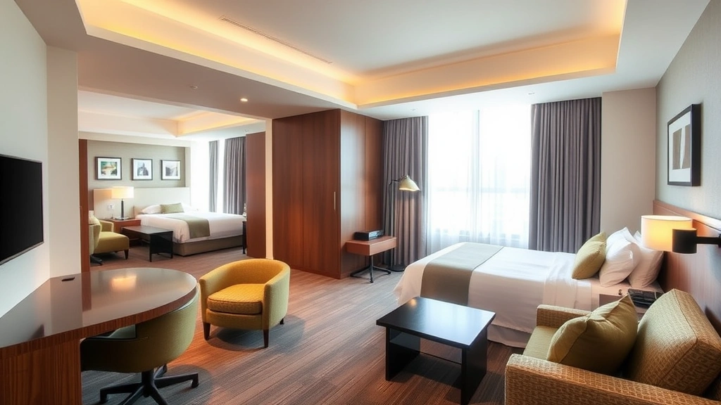 Modern hotel suite interior with separate living and sleeping areas, contemporary furnishings, comfortable seating arrangement, warm lighting, clean lines, professional business hotel aesthetic, nobody present, daytime natural light from windows