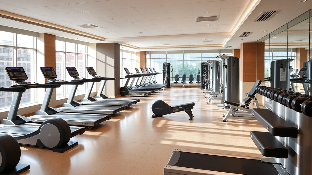 Hotel fitness center with cardio equipment and strength training machines, bright well-lit gym space, multiple treadmills and weight stations, contemporary equipment, professional gym environment, empty of people, morning light, clean polished floors