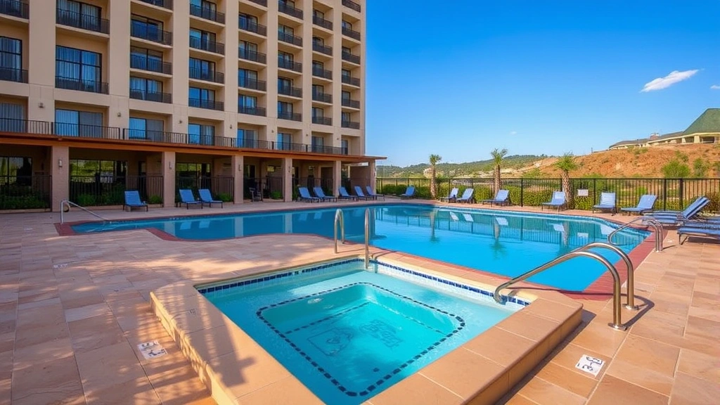 Hotel pool and spa area with relaxation seating, blue water, spa hot tub, lounge chairs, landscaped surroundings, clear sky, inviting resort-style setting, no guests visible, professional hospitality photography, daytime exterior