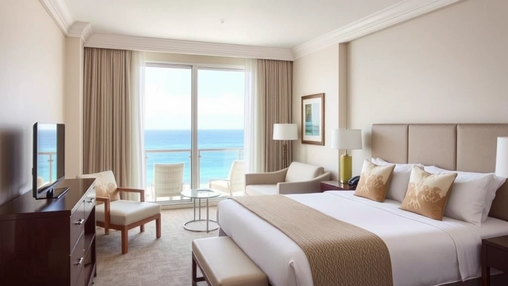 Comfortable hotel room interior with ocean view window, contemporary furnishings, neutral tones, clean lines, natural lighting, coastal decor elements, inviting bed setup