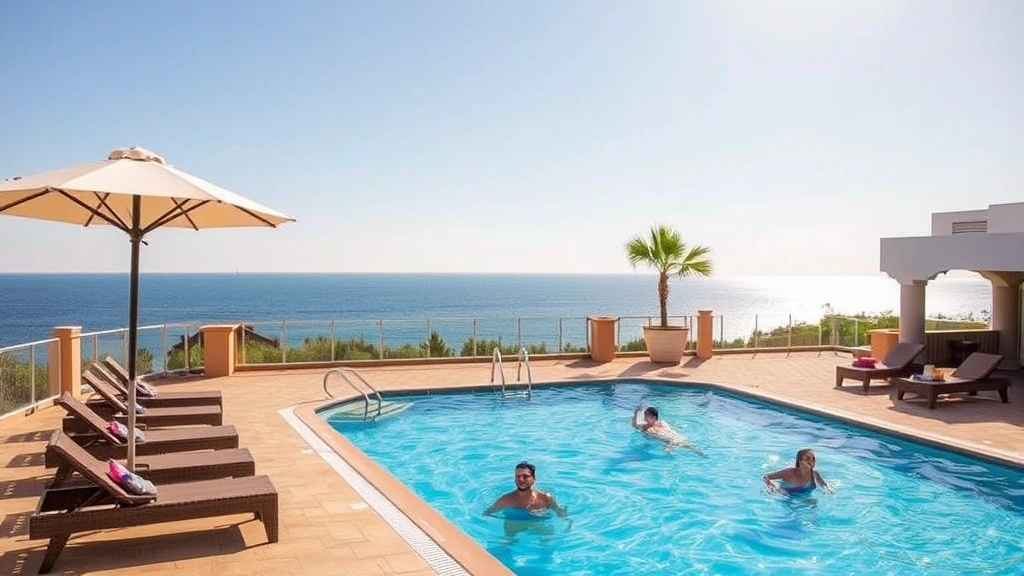 Outdoor hotel pool area with lounge chairs, umbrellas, ocean horizon visible, sunny day, guests swimming and relaxing, coastal landscape, modern poolside design