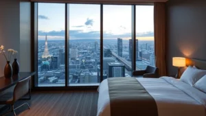 Modern luxury hotel room in Sapporo with panoramic city skyline views through floor-to-ceiling windows, featuring minimalist Japanese-inspired design, comfortable bed with premium linens, and contemporary furnishings overlooking Hokkaido cityscape at dusk