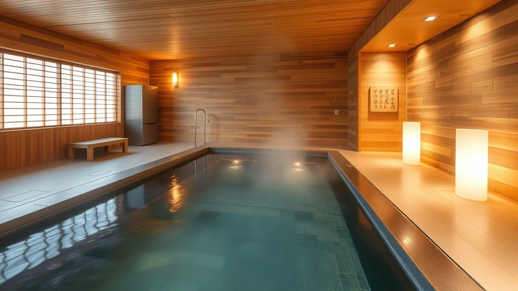 Elegant spa and wellness facility with natural hot spring onsen bath, wooden interior with slate flooring, warm steam rising, traditional Japanese design elements, clean modern aesthetic, no people visible, peaceful relaxation environment