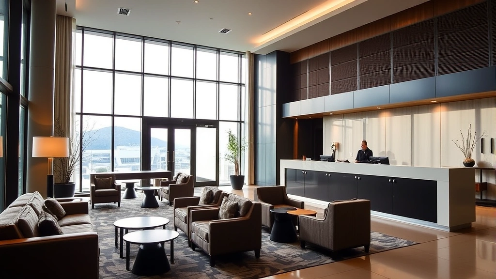 Hotel lobby with contemporary design, featuring natural light from large windows, comfortable seating areas, modern reception desk, decorative elements reflecting Hokkaido culture, professional staff attending to guests in background, welcoming hospitality atmosphere