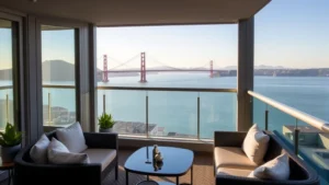 Waterfront hotel balcony overlooking San Francisco Bay with Golden Gate Bridge visible in distance, modern furniture and bay windows, soft afternoon light reflecting on water, no people or identifiable buildings