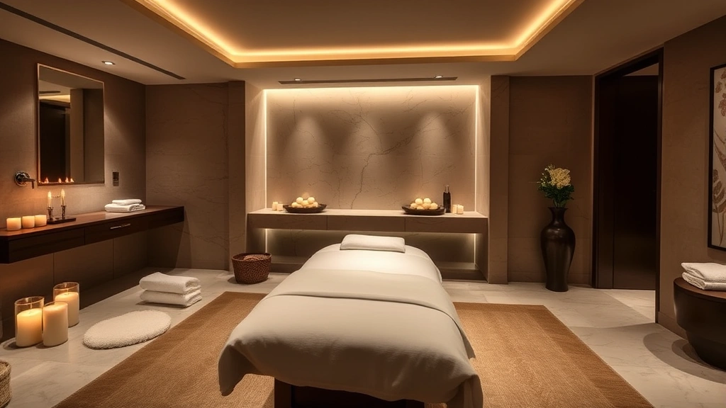 Upscale hotel spa area with massage table, candles, and soft lighting, neutral earth tones, relaxation focused, no visible guests or identifying markers