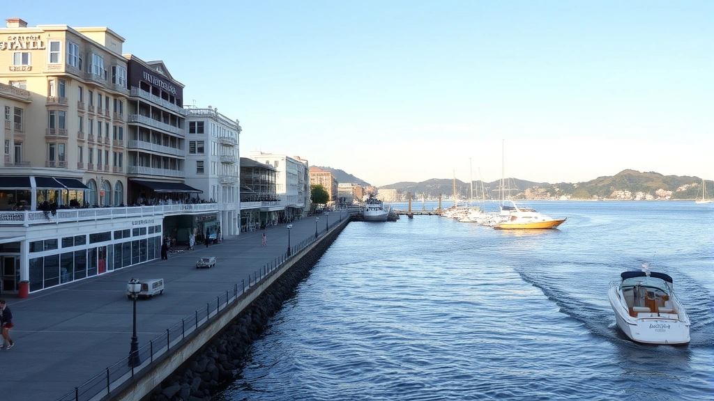 Sausalito waterfront promenade with hotel buildings, water, boats, and scenic bay views, daytime natural lighting, peaceful atmosphere, no people or identifying signage