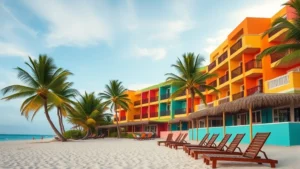 Colorful beachfront hotel with palm trees, turquoise ocean water, white sand beach, and wooden deck chairs in soft afternoon light, Mexico coastal architecture