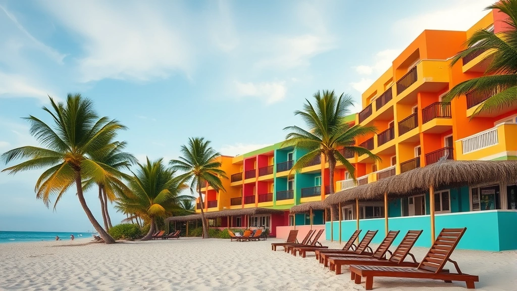 Colorful beachfront hotel with palm trees, turquoise ocean water, white sand beach, and wooden deck chairs in soft afternoon light, Mexico coastal architecture