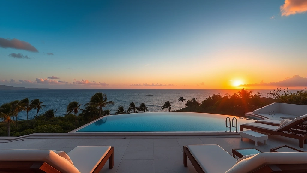 Modern hotel pool overlooking Pacific Ocean sunset, lounge chairs with white cushions, tropical landscape, palm vegetation, peaceful evening atmosphere