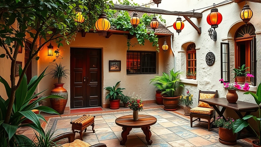 Rustic boutique hotel courtyard with hand-painted tiles, local pottery, colorful Mexican lanterns, wooden furniture, flowering plants, warm natural lighting