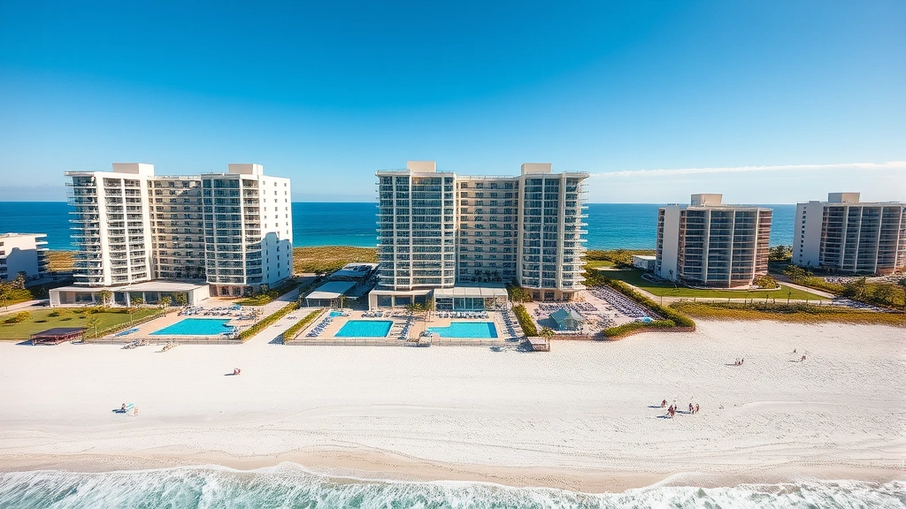 Bright oceanfront beachfront resort with multiple towers and outdoor swimming pools overlooking the Atlantic Ocean, sunny day with clear blue sky, families enjoying the sandy beach in front of modern hotel complex