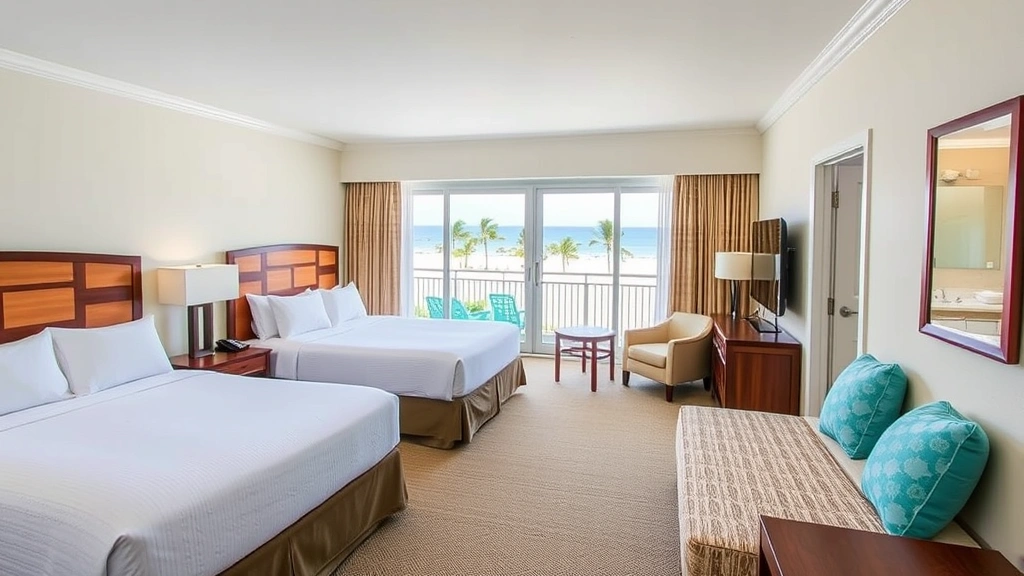 Spacious hotel room interior with two queen beds, ocean view window showing beach landscape, contemporary furnishings, clean bright space with modern bathroom visible, tropical coastal décor
