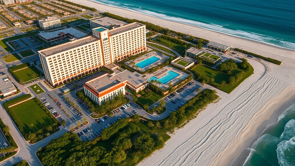 Aerial view of large resort property with multiple rectangular towers, multiple swimming pools, manicured landscaping, parking areas, and direct beach access with sandy shoreline, daytime photography