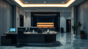 Modern hotel night audit front desk with computer monitors and office supplies, empty lobby in soft lighting, professional workplace environment, residential hotel setting