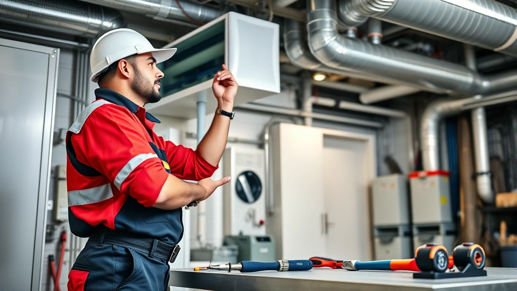 Hotel maintenance supervisor in work uniform checking HVAC system in equipment room, tools on workbench, industrial hotel infrastructure, professional maintenance workspace