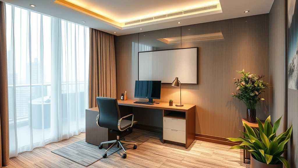 Upscale hotel resident manager office with desk and computer, professional hospitality workplace interior, modern hotel administrative space, business environment
