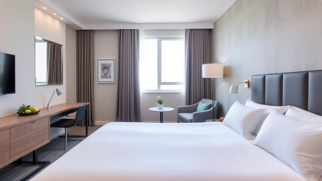 Modern hotel room with neatly made bed, comfortable pillows, neutral tones, clean windows showing daytime, contemporary furniture, welcoming atmosphere