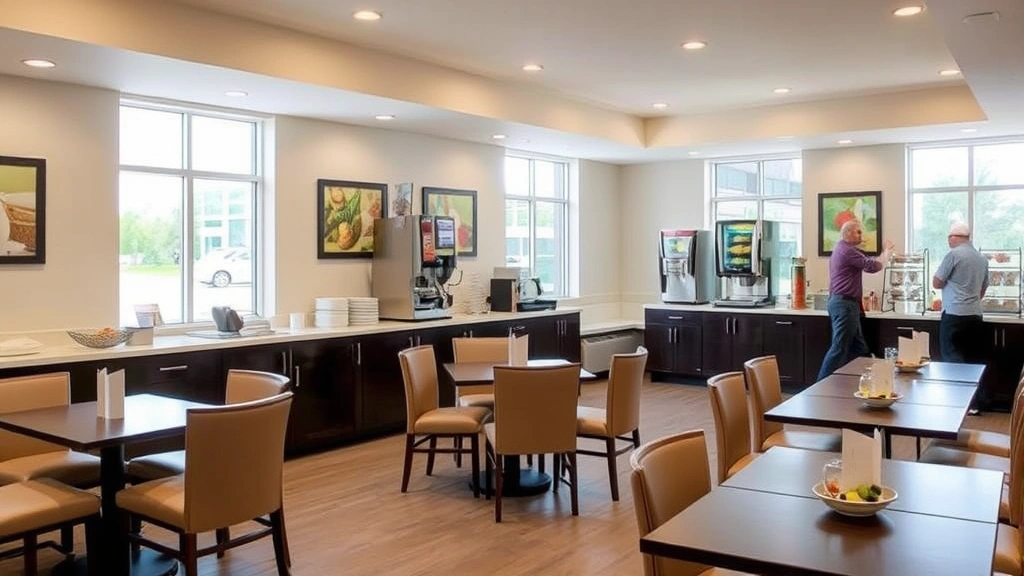 Hotel breakfast or dining area with food service station, clean tables, comfortable chairs, natural lighting from windows, appetizing meal displays, guests dining