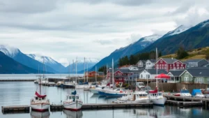 Coastal Alaska harbor town with fishing boats, mountains in background, waterfront buildings, overcast sky, natural lighting, residential harbor district