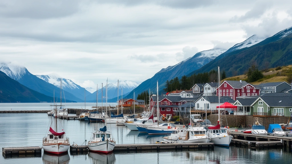 Coastal Alaska harbor town with fishing boats, mountains in background, waterfront buildings, overcast sky, natural lighting, residential harbor district
