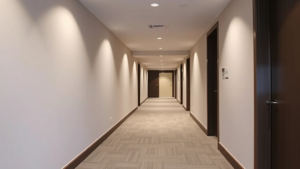 Modern hotel interior hallway with clean carpet, neutral wall colors, ceiling lights, closed doors along corridor, contemporary hospitality design, well-maintained passage