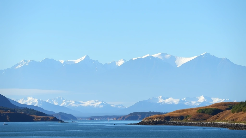 Scenic Seward Alaska waterfront landscape with glacier-capped mountains, water view, natural terrain, clear visibility of distant peaks, authentic coastal environment