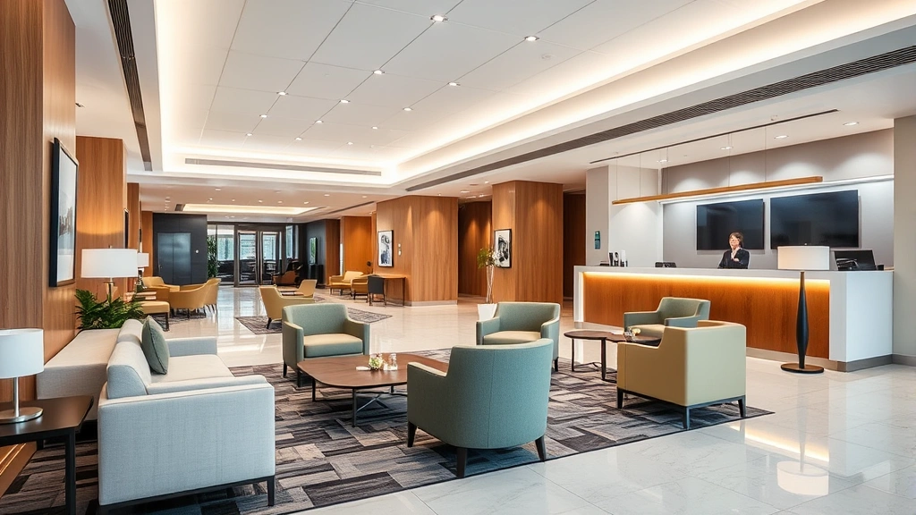 Modern hotel lobby with contemporary furniture, bright lighting, and welcoming front desk area in a professional airport hotel setting, no signage or text visible