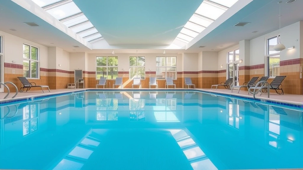 Indoor swimming pool with clear blue water, lounge chairs, and bright skylights creating a relaxing aquatic environment in a contemporary hotel facility
