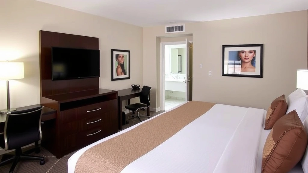 Spacious, well-appointed hotel guest room with queen bed, flat-screen TV, work desk, and modern bathroom visible through open door, neutral color palette and professional decor