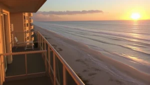 Oceanfront hotel balcony overlooking Atlantic beach with sandy shore and waves during golden hour sunset, modern balcony railing visible, no building numbers or signage