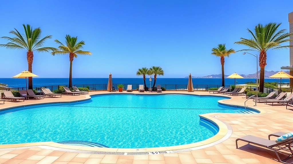 Resort-style outdoor swimming pool area with blue water, lounge chairs, palm trees, and ocean horizon in background on clear sunny day, no people or identifying text