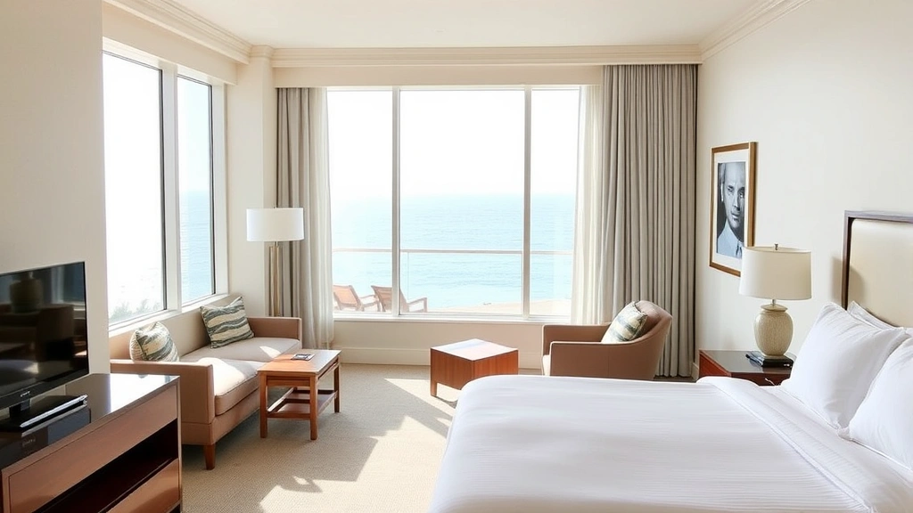 Bright hotel room interior with contemporary furnishings, large window framing ocean view, comfortable bed with white linens, coastal color palette, modern decor without visible signage