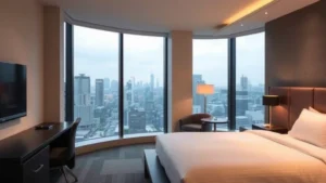 Modern minimalist hotel room with contemporary Japanese design, floor-to-ceiling windows showing Tokyo city skyline, white bedding, sleek dark furniture, warm ambient lighting, no visible text or signage