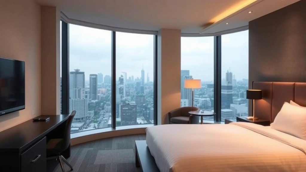 Modern minimalist hotel room with contemporary Japanese design, floor-to-ceiling windows showing Tokyo city skyline, white bedding, sleek dark furniture, warm ambient lighting, no visible text or signage
